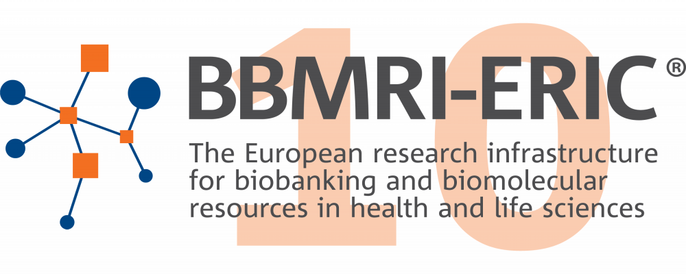 the BBMRI-ERIC logo with the streamline 'the European research infrastructure for biobanking and biomolecular resources'. Behind it is a pale orange number ten