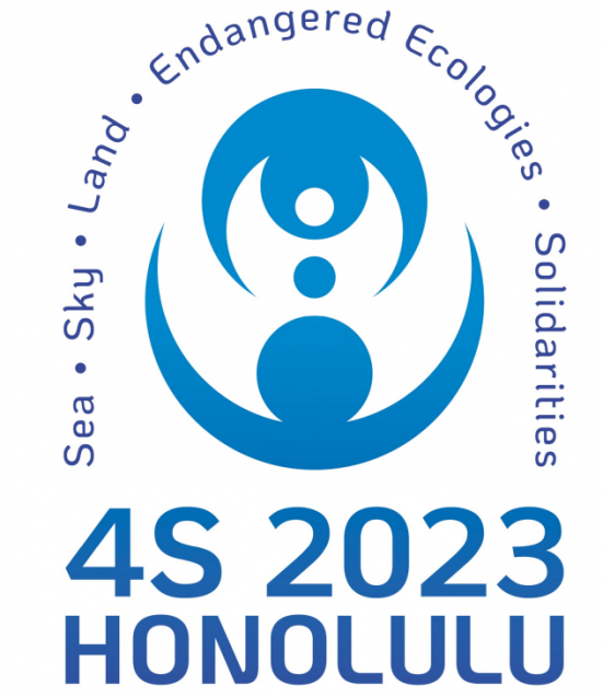 Image shows a logo from the 4S 2023 Conference representing the sea, sky, land, endangered ecologies and solidarities
