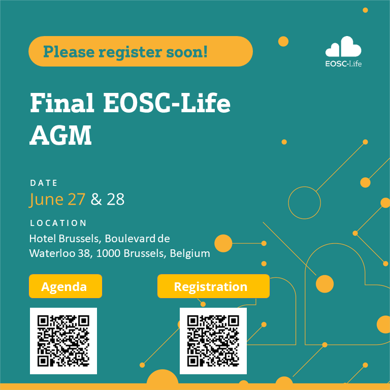 A slide describing a final annual general meeting for the EOSC-Life project. Two QR codes linking to the agenda and registration are shown on the bottom of the slide.