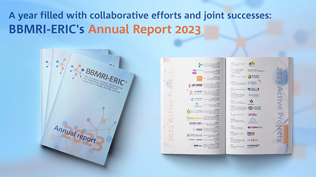 A promotion for the BBMRI-ERIC annual report 2023 showing staple of magazines and one open magazine in the front with a light blue background and the blurred BBMRI-ERIC logo.