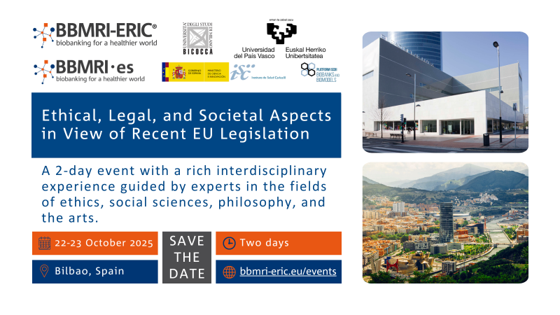 A promo card for the ELSI Symposium 2025 in Bilbao, showing the logos of the organisers on top, photos of the location as well as a short description of the event.