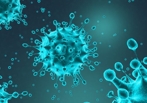 Coronavirus disease COVID-19 outbreak. Microscopic view of a infectious virus. Group of SARS-CoV-2 virus cells. 3D Rendering