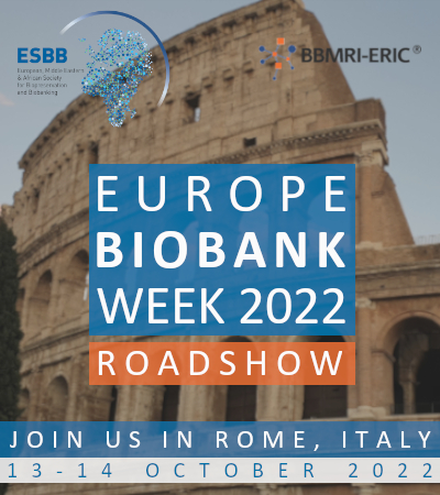 The backdrop of Rome's historical architecture is overlaid with the text éurope biobank week 2022 roadshow