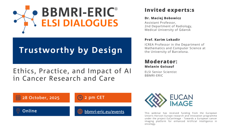 A BBMRI-ERIC promo card for the ELSI Dialogues webinar "Trustworthy by Design".