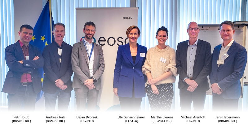 A mixed group of seven people in formal dressing posing in a conference room in front of windows with blinds and a white roll-up that has the EOSC logo on it.
