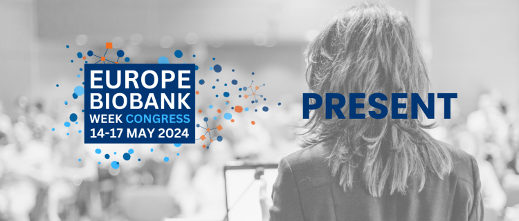 A black and white over the shoulder shot of a woman with shoulder length hair facing a conference audience and speaking. The image is overlaid with the orange, blue and white Europe biobank week 2024 logo and the word 'present'