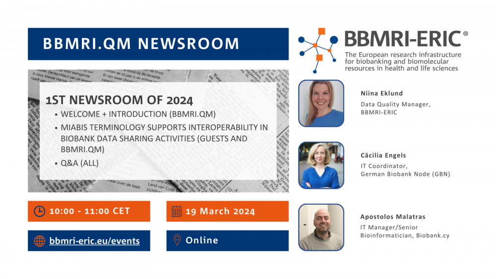 Promo image for the newsroom that shows three portraits of the speakers - two white women and a white man - and the agenda - Welcome and introduction (BBMRI.QM) MIABIS terminology supports interoperability in biobank data sharing activities (Guests and BBMRI.QM) Q&A (all)
