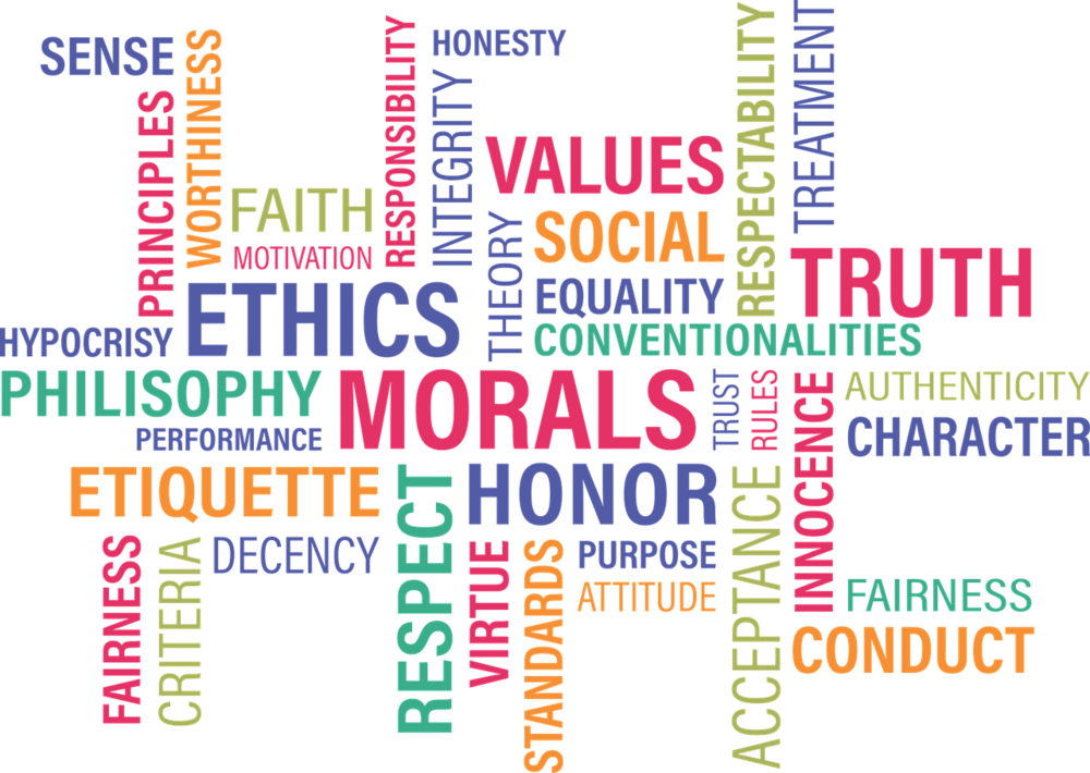 A multicolored word cloud depicts words related to the topics of ethics, morals, honor, respect, values, etc. in rainbow colors.