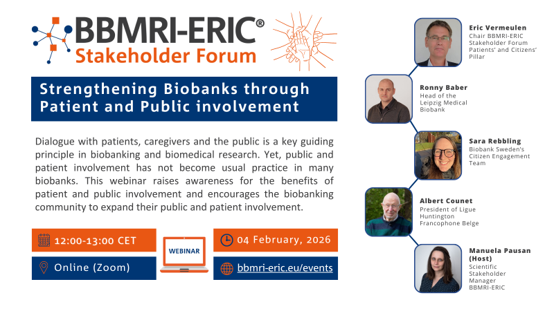 A promo leaflet for a webinar organised by the BBMRI-ERIC Stakeholder Forum. The leaflet shows the BBMRI-ERIC logo, a description of the content as well as pictures and affiliations of the speakers.