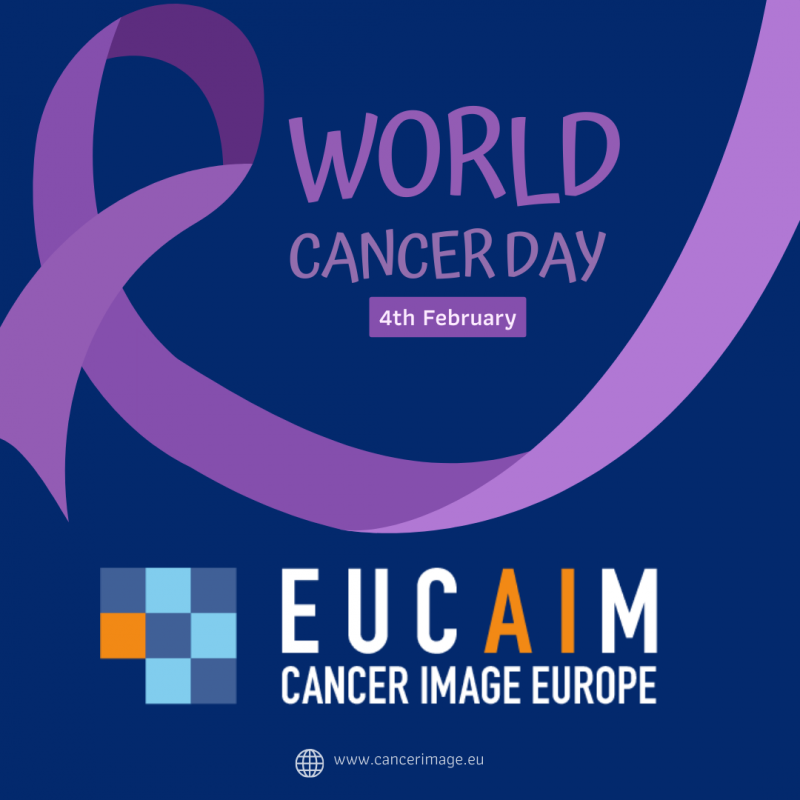 A ribbon loops across a dark background. Below, the EUCAIM logo is displayed