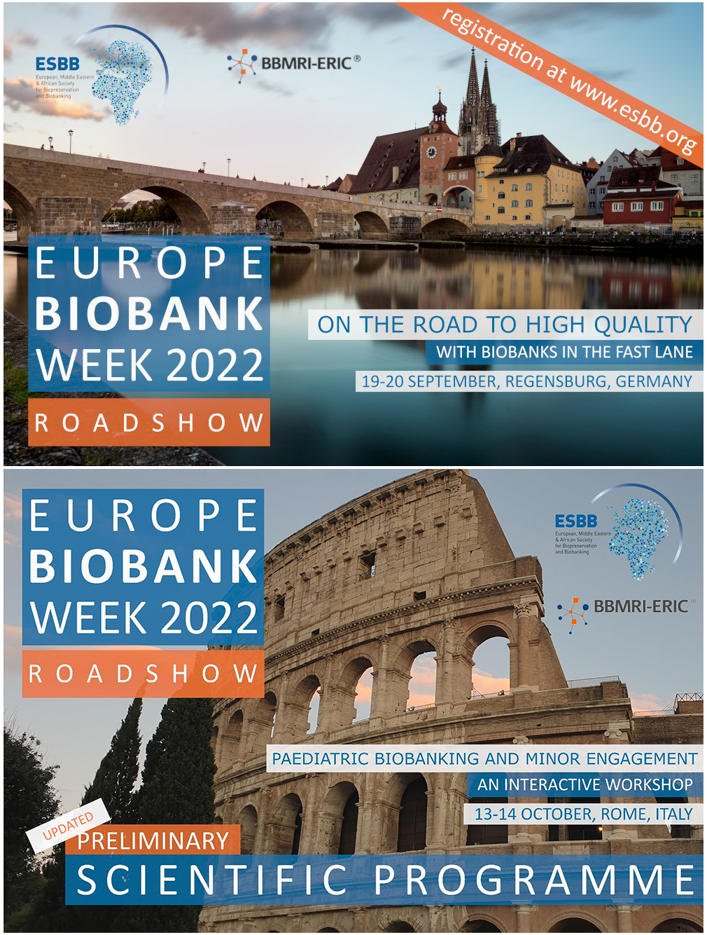 backdrops of Regensburg and Rome are overlaid with Europe Biobank Week Roadshow details