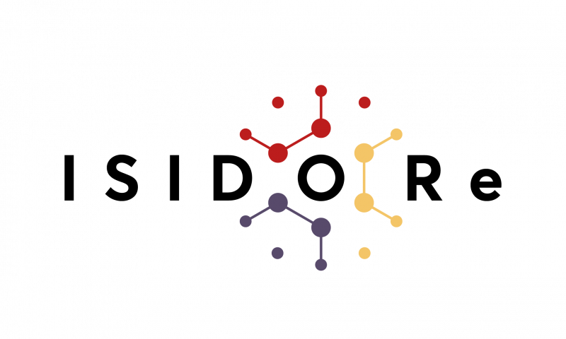 'Isidore' written in black with a small e and red, purple and yellow molecules around the center.