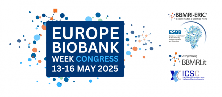 Europe Biobank Week 2025 logo, BBMRI-ERIC, ESBB, BBMRI Italy and ICSC logos