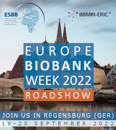A backdrop of the Regensburg skyline is overlaid by the 'Ëurope biobank week 2022 roadshow' text