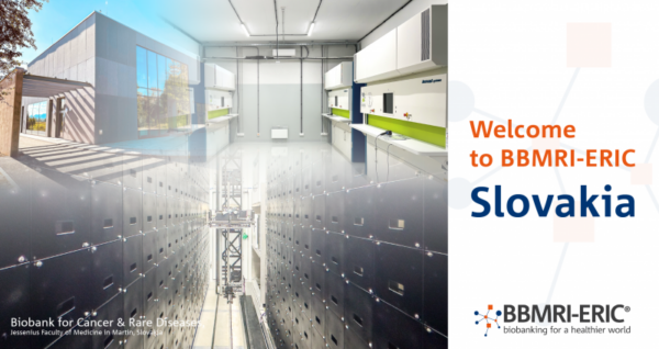 Left side shows blended images of the interior of a biobank. Right side has the text "Welcome to BBMRI-ERIC Slovakia" above a collection of logos of scientific institutions.